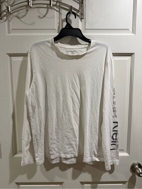 Calvin Klein White Long Sleeve Graphic-Sleeve Crew Tee Size Large